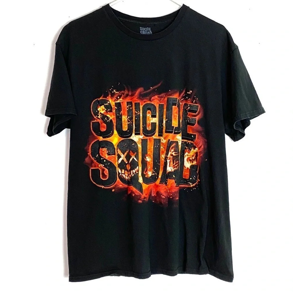 Suicide Squad Tee Mens Size Large Graphic Print Unisex T-shirt Black Flames Crew